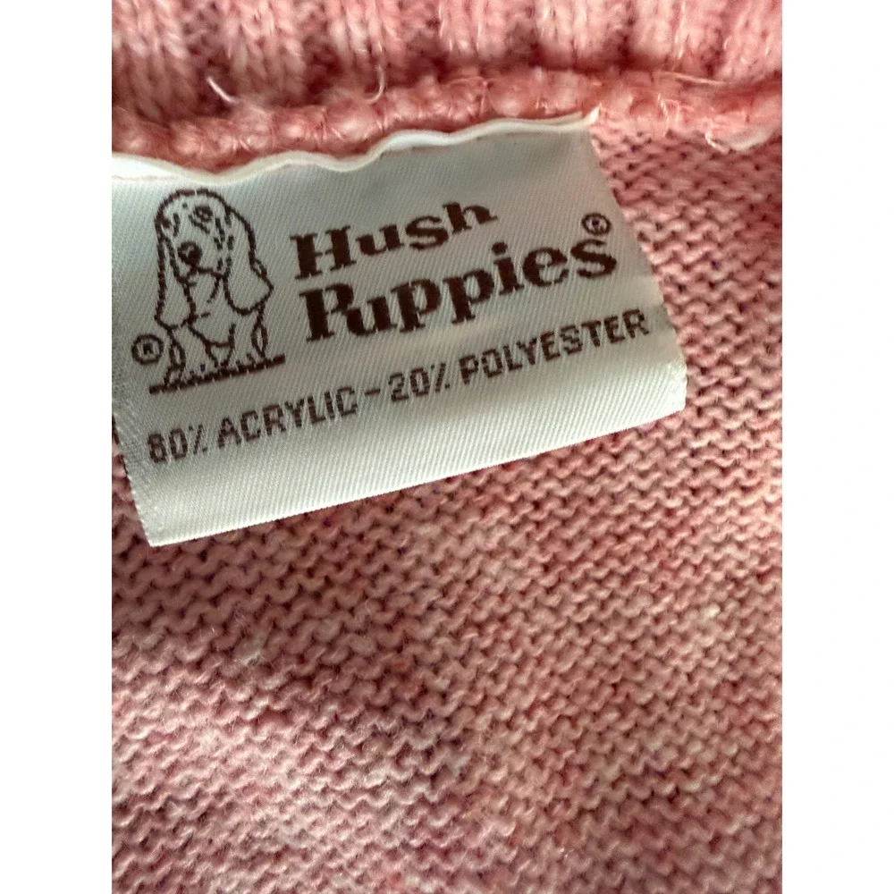 Hush Puppies Pink‎ Knit Button Up Sweater Vest Basset Hound Dog Patch Cardigan